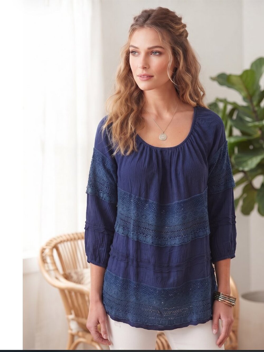 NWT XCVI Navy Blue Textured Rayon & Crochet Boho Tunic Top — L- MSRP $128